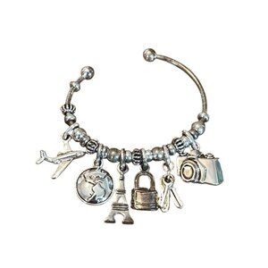 Travel Themed Charm Bracelet Silver Tone Unbranded Cuff Globe Airplane Eiffel